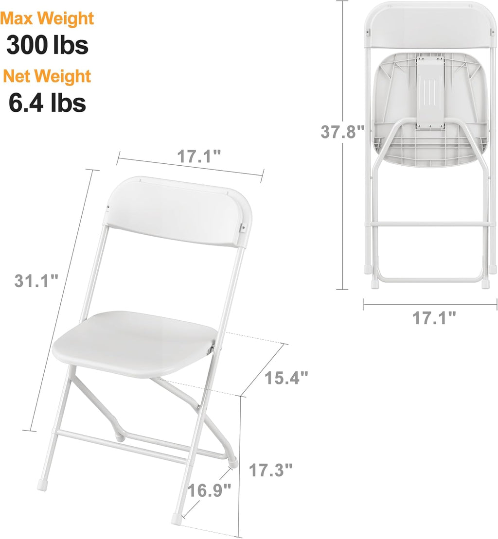 Allpop 10 Pack Plastic Folding Chair, 300lb Capacity, Portable Commercial Chair Seat with Steel Frame for Wedding Party Office Indoor Outdoor Events, Stackable, White