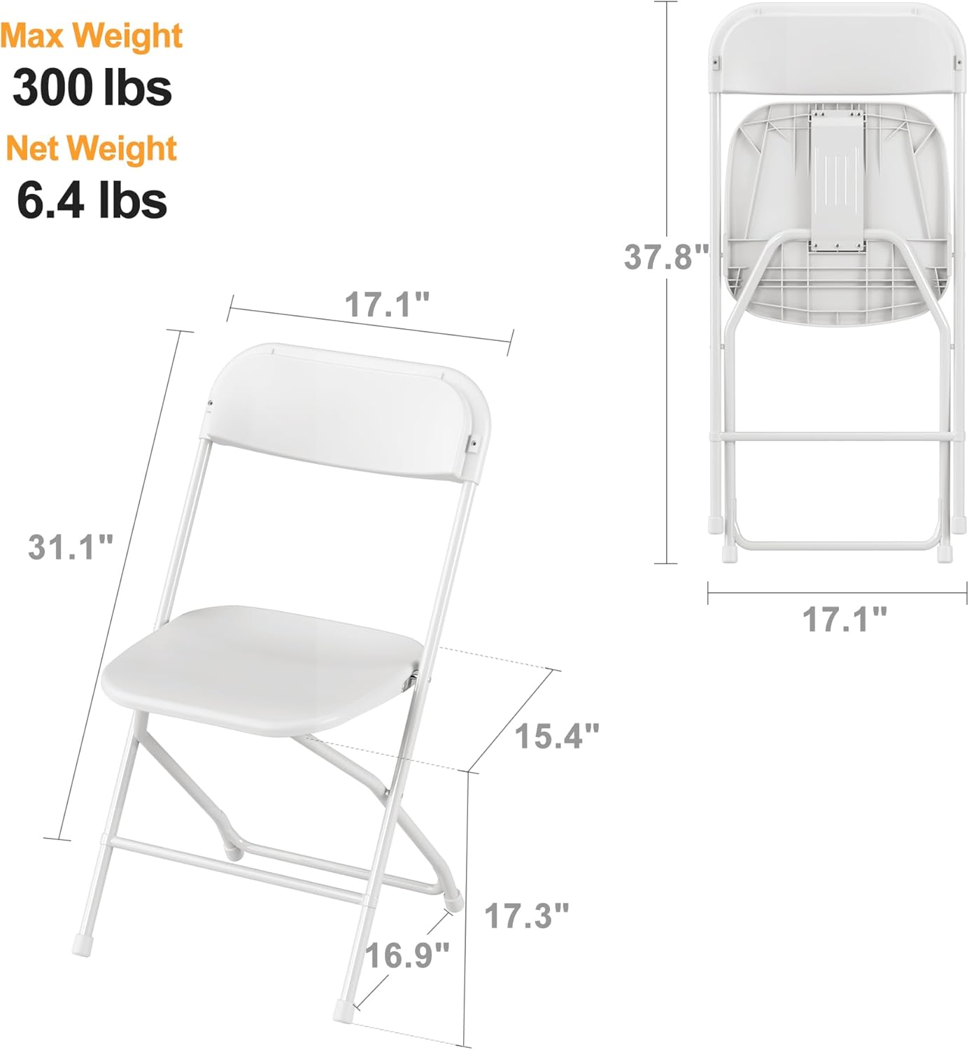 Allpop 10 Pack Plastic Folding Chair, 300lb Capacity, Portable Commercial Chair Seat with Steel Frame for Wedding Party Office Indoor Outdoor Events, Stackable, White
