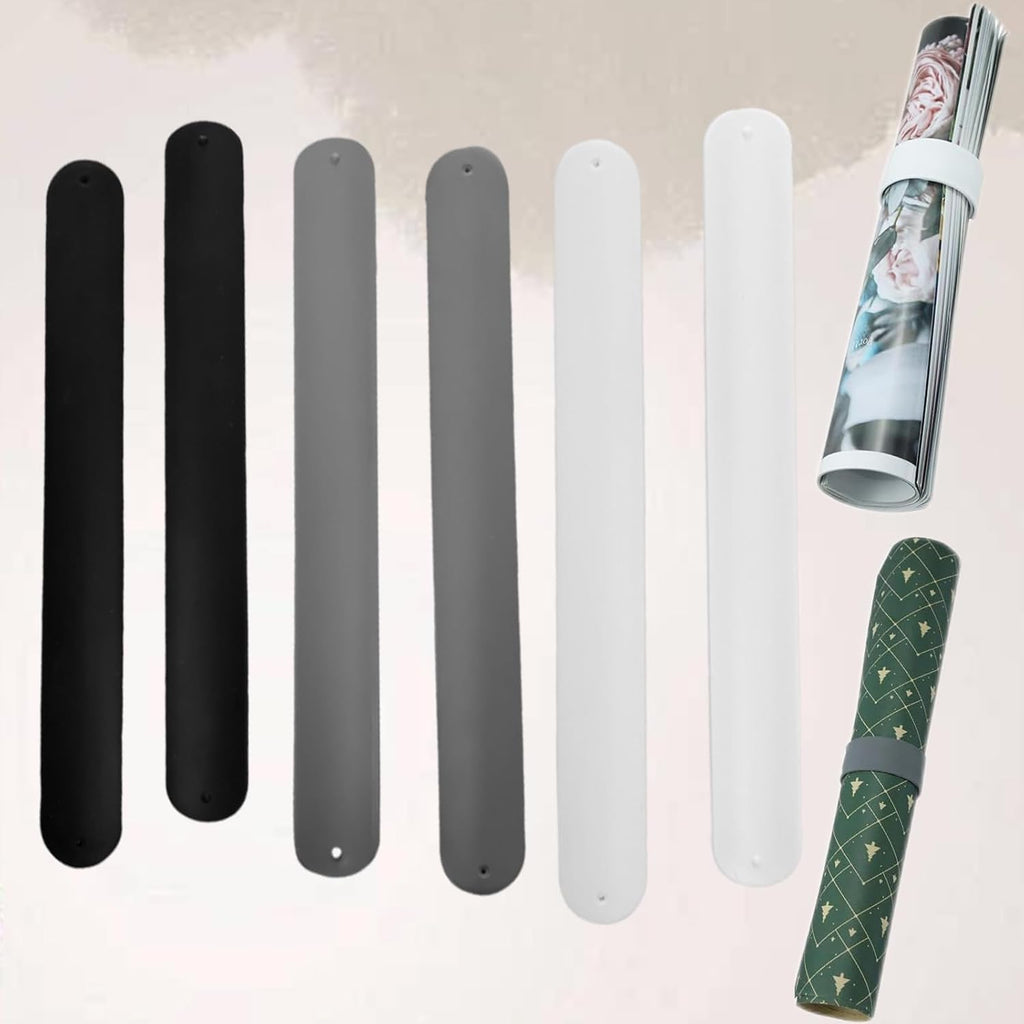6 Pieces Wrapping Paper Holder Paper Roll Holder Silicone Covered Metal Strips Poster Slap Bands Gift Wrapping Paper Clamps for Home Storage Organization(Black,Gray,White)