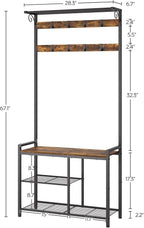 YATINEY Coat Rack Shoe Bench, 4-in-1 Hall Tree with Storage Shelves and Hanging Rod, Entryway Storage Organizer with 8 Movable Hooks, for Entryway, Hallway, Corridor, Rustic Brown and Black MT12BR