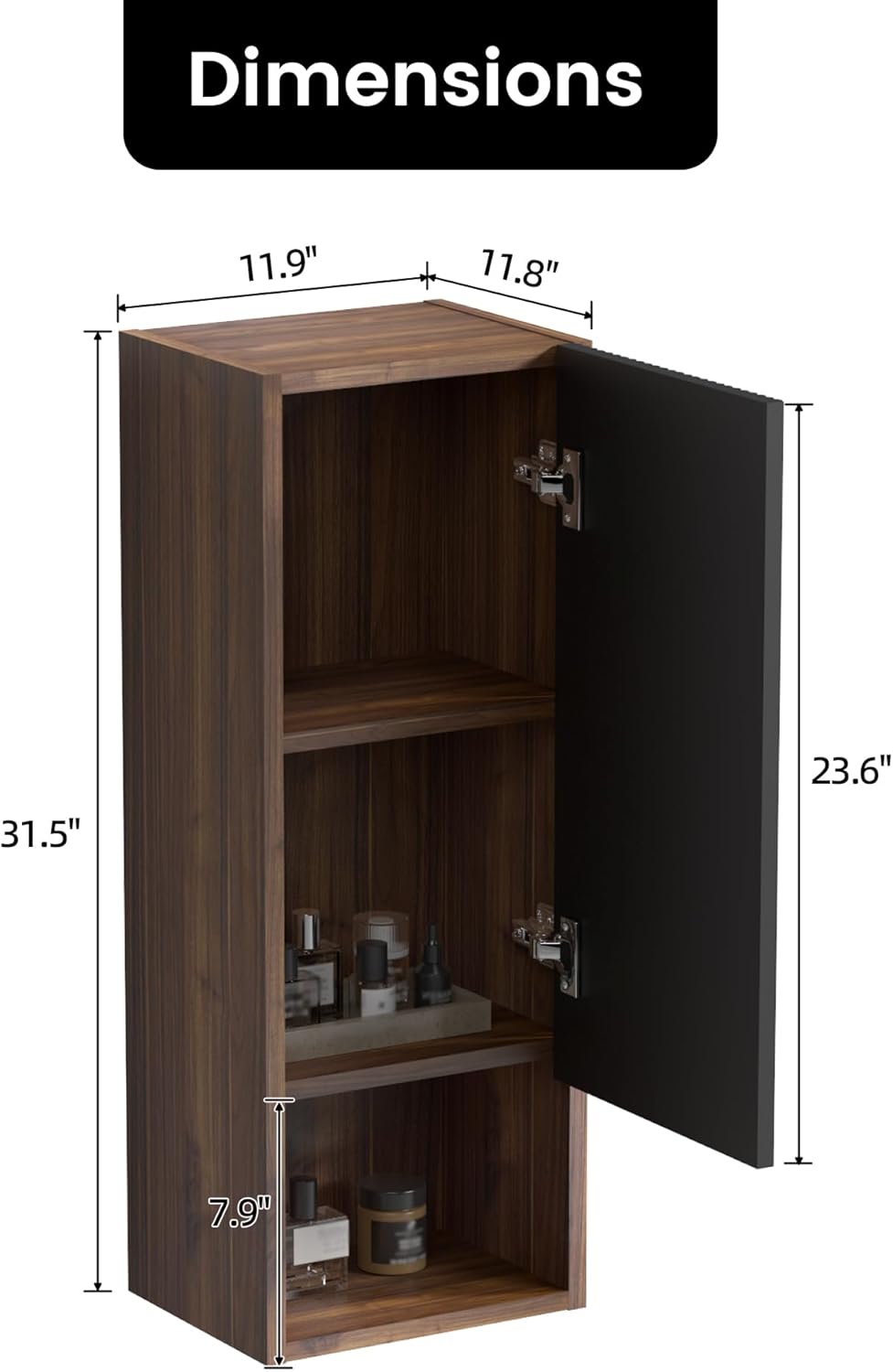 12" Floating Bathroom Storage Cabinet, Modern Wall Cabinets with Soft-Closing Door & Open Shelf, Bathroom Side Cabinet for Small Spaces, Apartment, Walnut+Black