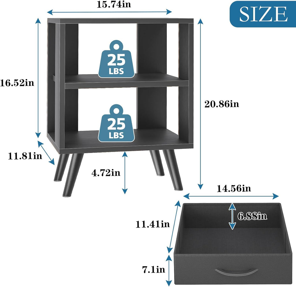 Aenuert Night Stand, Black Nightstand with Drawer, Side Table with Open Storage, 2-Tier Modern End Table, Bedside Table for Small Space, Living Room, Bedroom
