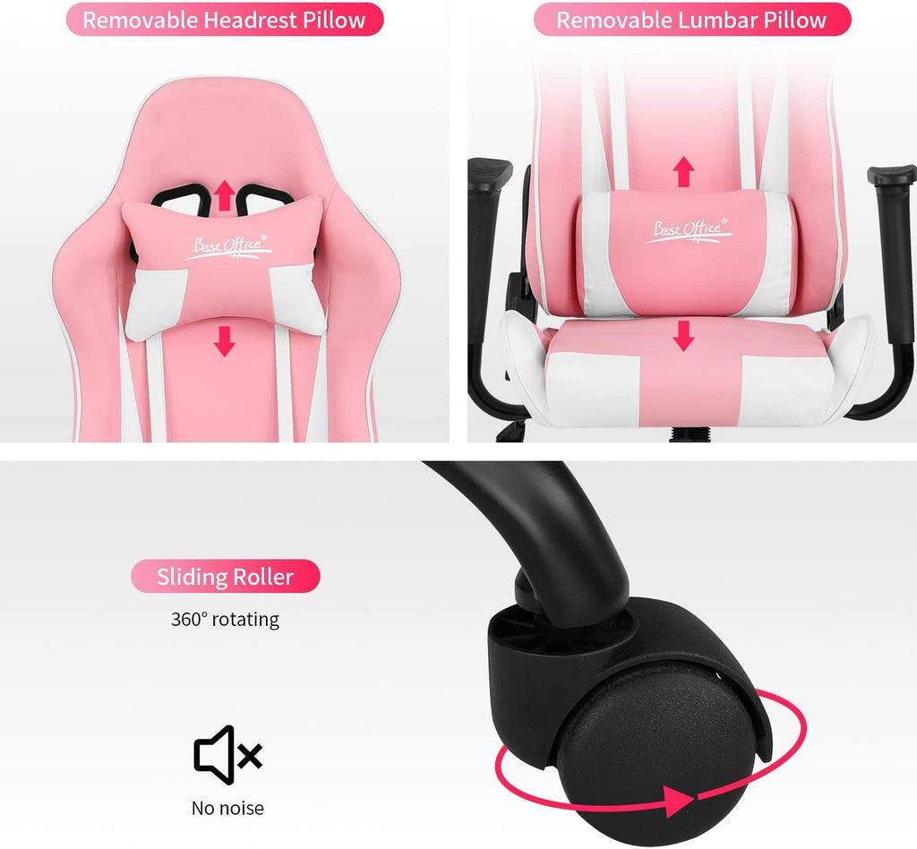 Gaming Chair, Video Game Chair, Cheap Computer Gaming Chair PU Leather High Back PC Gaming Chair Ergonomic Racing Swivel Office Desk Chair with Headrest and Lumbar Support for Adults Kids Pink