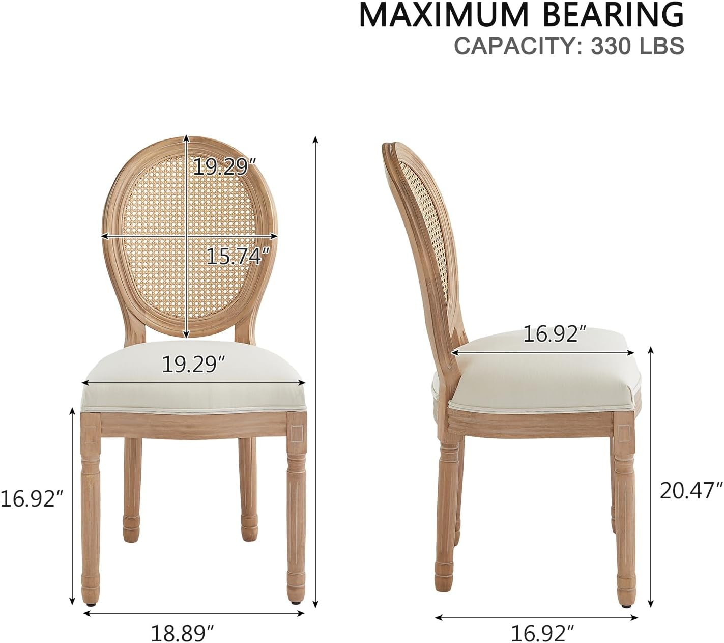 Virabit French Dining Chairs Set of 4, Hand-Woven Rattan Farmhouse Upholstered Dining Chairs with Curved Backrest and Beautifully Carved Solid Wood Frame for Living Room, Kitchen, Restaurant