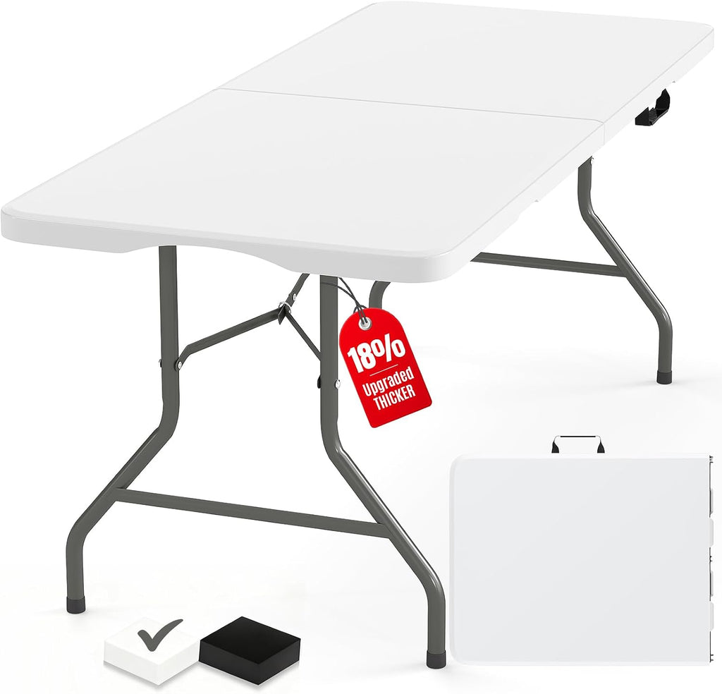 Fenbeli Upgraded 18% Thickened Folding Table 6ft Made of HDPE Plastic, Heavy Duty (25lb), Stable Thicker Legs, Dining Indoor Outdoor for Camping, Picnic and Party (Pearl White, 6FT)