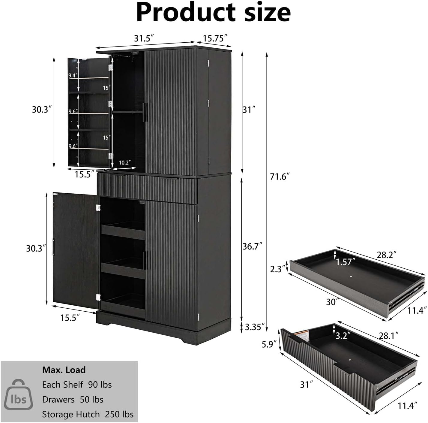 72" Fluted Kitchen Pantry Cabinet with Anti-Tip Safety, Free Standing Versatile Storage Cabinet with Drawers and Adjustable Shelves for Kitchen, Living Room, Dining, Office (Black)