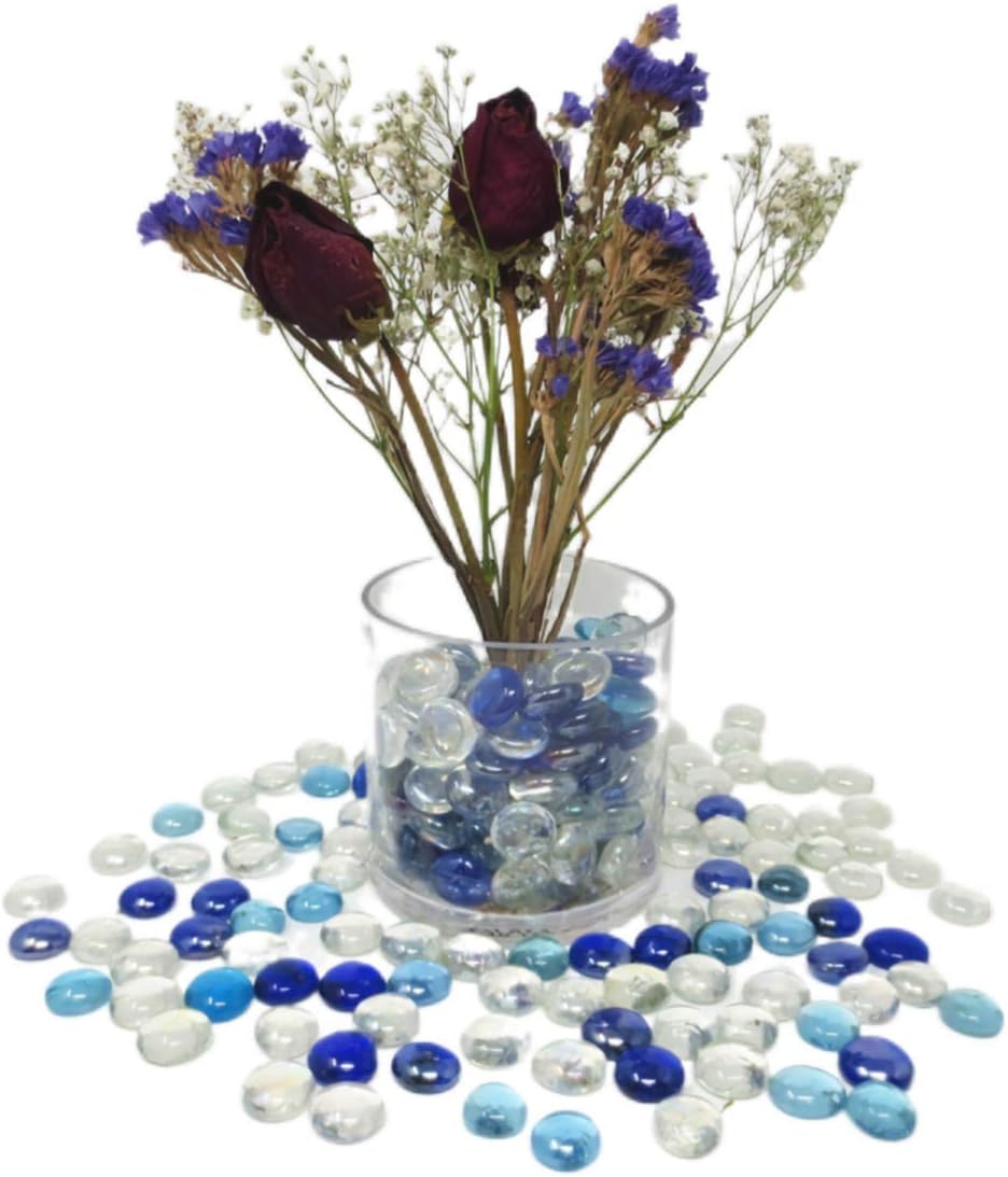 TSY TOOL 3 Lb (300PCS) Flat Glass Marbles Blue, Clear Mixed Color Glass Gems Pebbles Stones Marbles Vase Filler Accents and Crafting Aquarium Decor