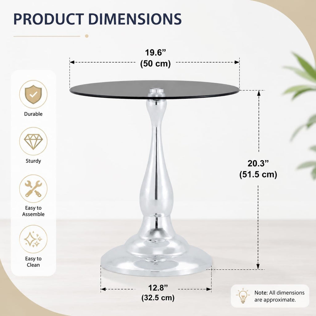 Round Glass Side Table with Silver Metal Base, 19.6'' Gray Tempered Glass Top, Modern Glass Round End Table for Living Room Office, Small Metal Side Table for Compact Space