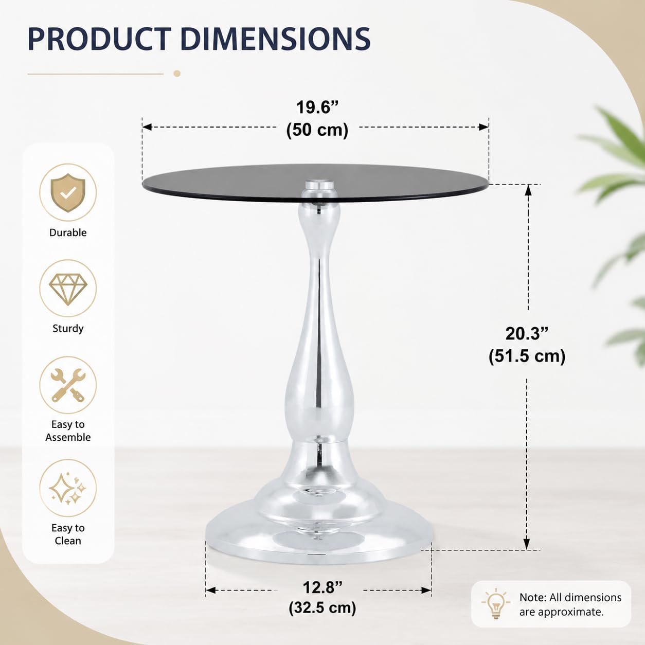 Round Glass Side Table with Silver Metal Base, 19.6'' Gray Tempered Glass Top, Modern Glass Round End Table for Living Room Office, Small Metal Side Table for Compact Space