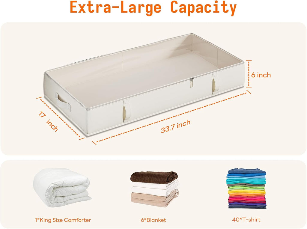 Vailando Storage Containers, 8 Inches Tall 80L Underbed Storage Bins with Sturdy Handles and Sidewalls, Closet Organizer for Clothes, Blankets, Seasonal Items, Beige, 2-Pack
