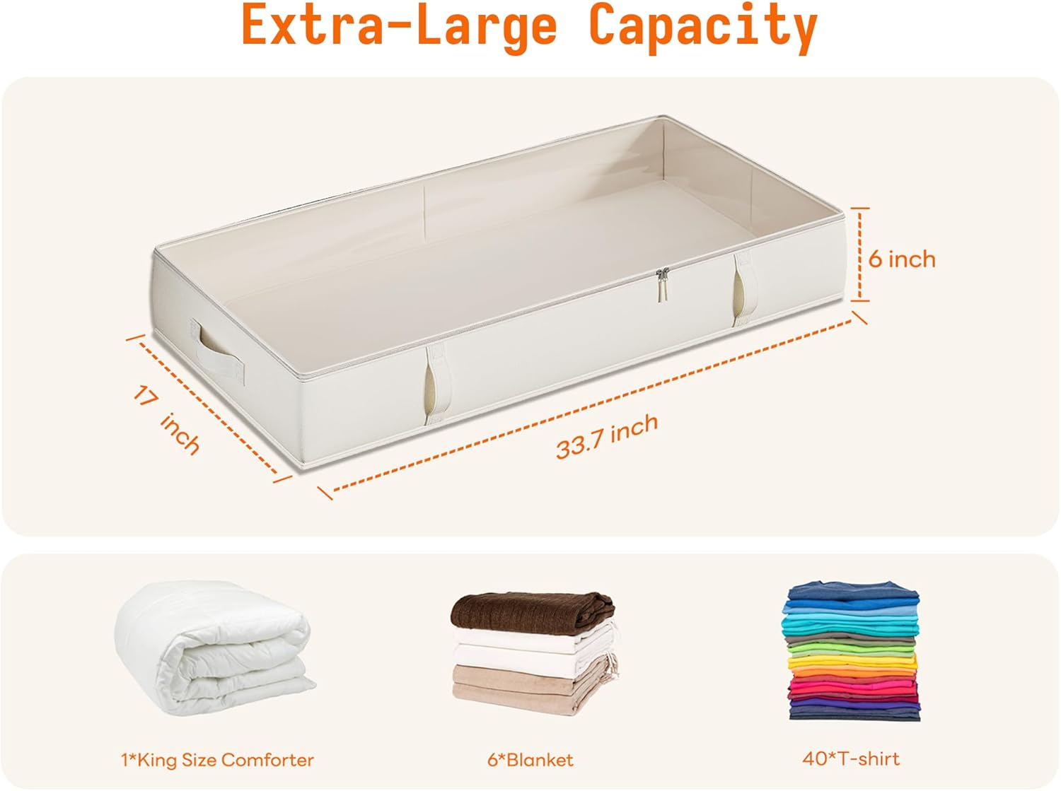 Vailando Storage Containers, 8 Inches Tall 80L Underbed Storage Bins with Sturdy Handles and Sidewalls, Closet Organizer for Clothes, Blankets, Seasonal Items, Beige, 2-Pack