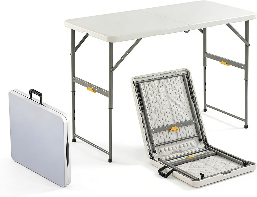 4FT Folding Table with One Press Adjustable Height,Fold in Half Portable Card Table with Carry Handle&Locking Steel Legs,Heavy Duty Plastic Utility Table for Party,Picnic,Camping Indoor Outdoor,White