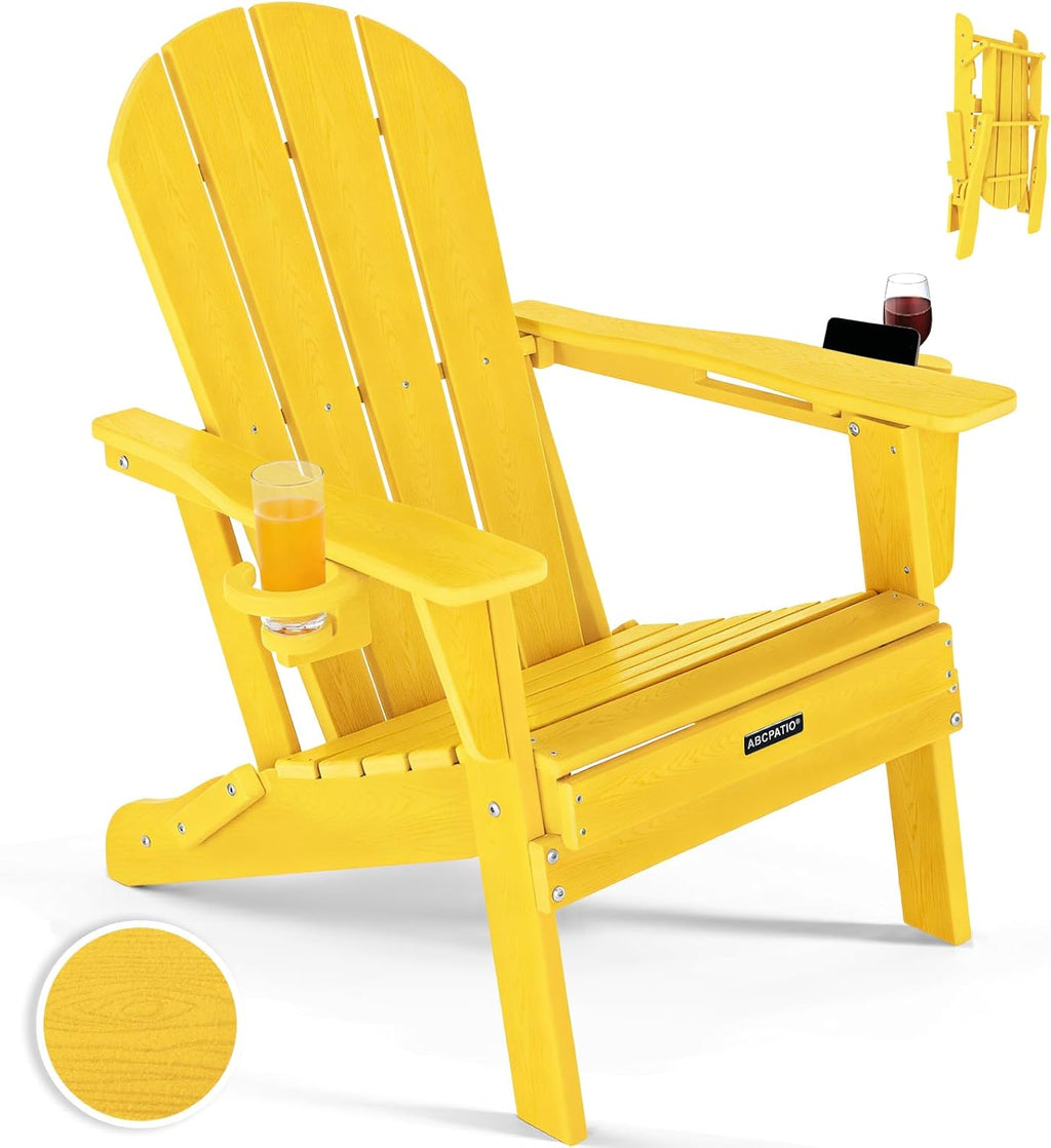 Folding Adirondack Chair with Dual Cup Holders, All-Weather HDPE Patio Chair Deck Chairs Outdoor, Fire Pit Chairs for Garden, Lawn,Backyard, Pool, Yellow (Wood Grain Finish)