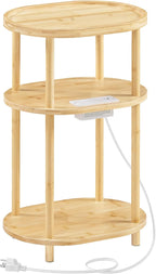 HOOBRO Small Side Table with Charging Station, Small End Table, 3-Tier Oval Bamboo Accent Table, Compact Sofa Bedside Table, for Living Room, Bedroom, Apartment, Natural YL177UBZ01