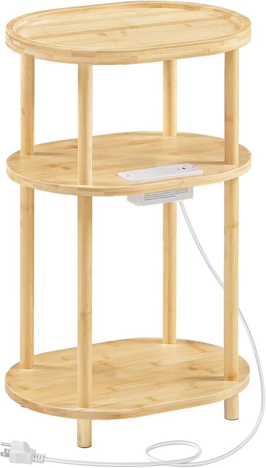 HOOBRO Small Side Table with Charging Station, Small End Table, 3-Tier Oval Bamboo Accent Table, Compact Sofa Bedside Table, for Living Room, Bedroom, Apartment, Natural YL177UBZ01