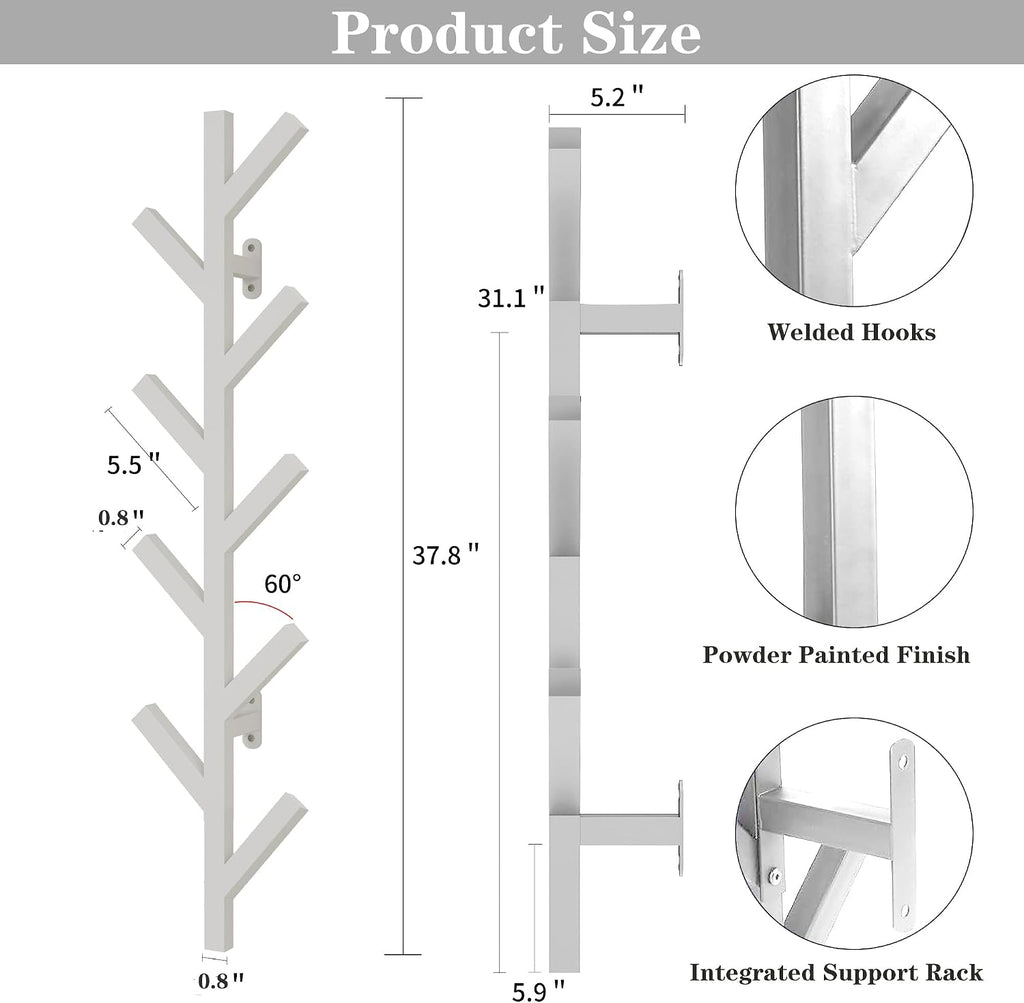 Vlush 2Pack Wall Mounted Coat Rack - 9 Hooks, Modern Metal Design, for Hats, Coats and Bags - Suitable for Entryways and Bedrooms - White (37.9" Height)