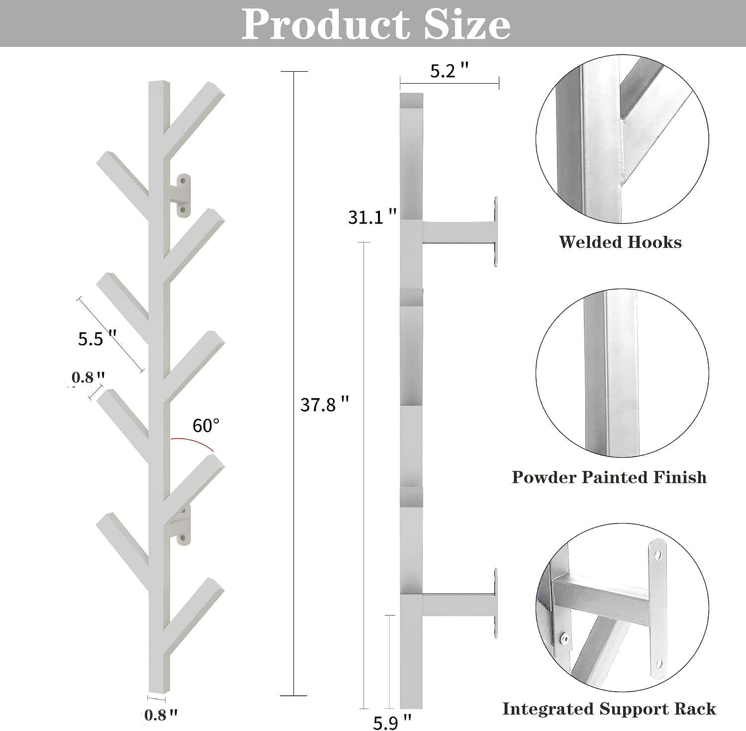 Vlush 2Pack Wall Mounted Coat Rack - 9 Hooks, Modern Metal Design, for Hats, Coats and Bags - Suitable for Entryways and Bedrooms - White (37.9" Height)