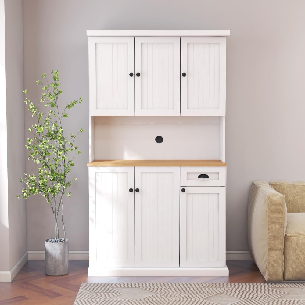71" Kitchen Pantry Storage Cabinet with Microwave Oven Countertop, Adjustable Shelves, 6 Doors and 1 Drawer-Black (White + MDF)