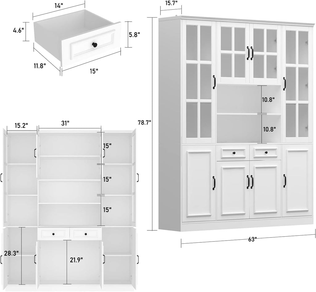 AIEGLE Large Kitchen Pantry Storage Cabinet, Microwave Hutch, Freestanding Cupboard with Glass Doors & Drawers, Utility Cabinet, White, 63"W x 15.7"D x 78.7"H, X-Large