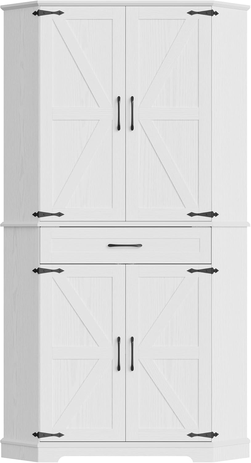 IRONCK 72" Corner Cabinet, Kitchen Pantry Storage Cabinet with Drawer, Spacious Farmhouse Pantry with 3 Adjustable Shelves, 2 Doors Storage, for Kitchen, White