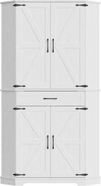 IRONCK 72" Corner Cabinet, Kitchen Pantry Storage Cabinet with Drawer, Spacious Farmhouse Pantry with 3 Adjustable Shelves, 2 Doors Storage, for Kitchen, White