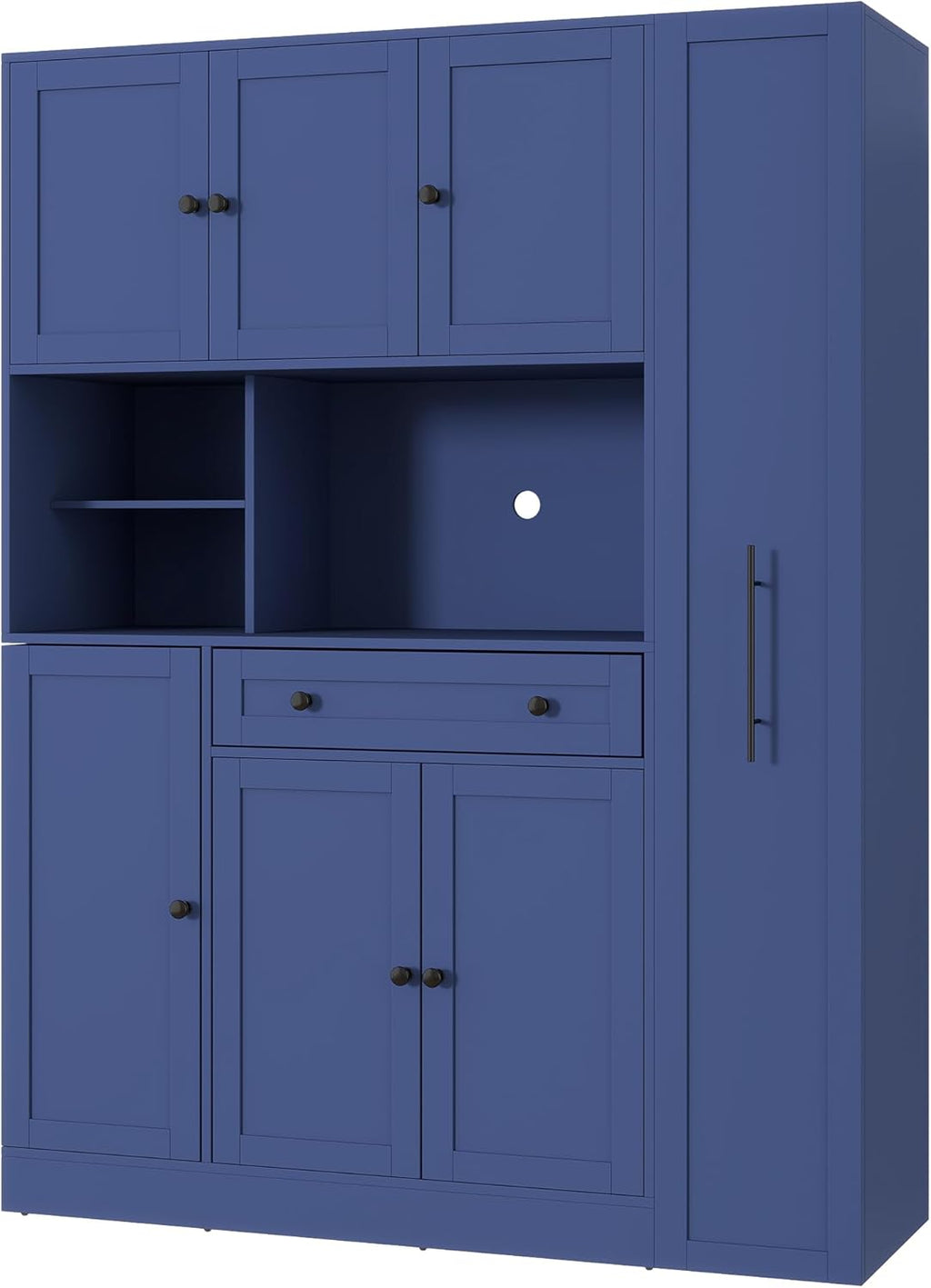 Polibi Freestanding Pantry Cabinet with Hutch & 7-Tier Pull-Out Side Cabinet, Door Shelves and Drawer, P2 MDF, Anti-Tip Safety, 52.8x17.7x70inch (Blue)
