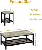 Coffee Table Set of 3,Industrial Coffee Table and 2 End Side Tables,Easy Assembly Coffee and End Tables Sets with Metal Legs, for Office, Living Room and Apartment (Grey)