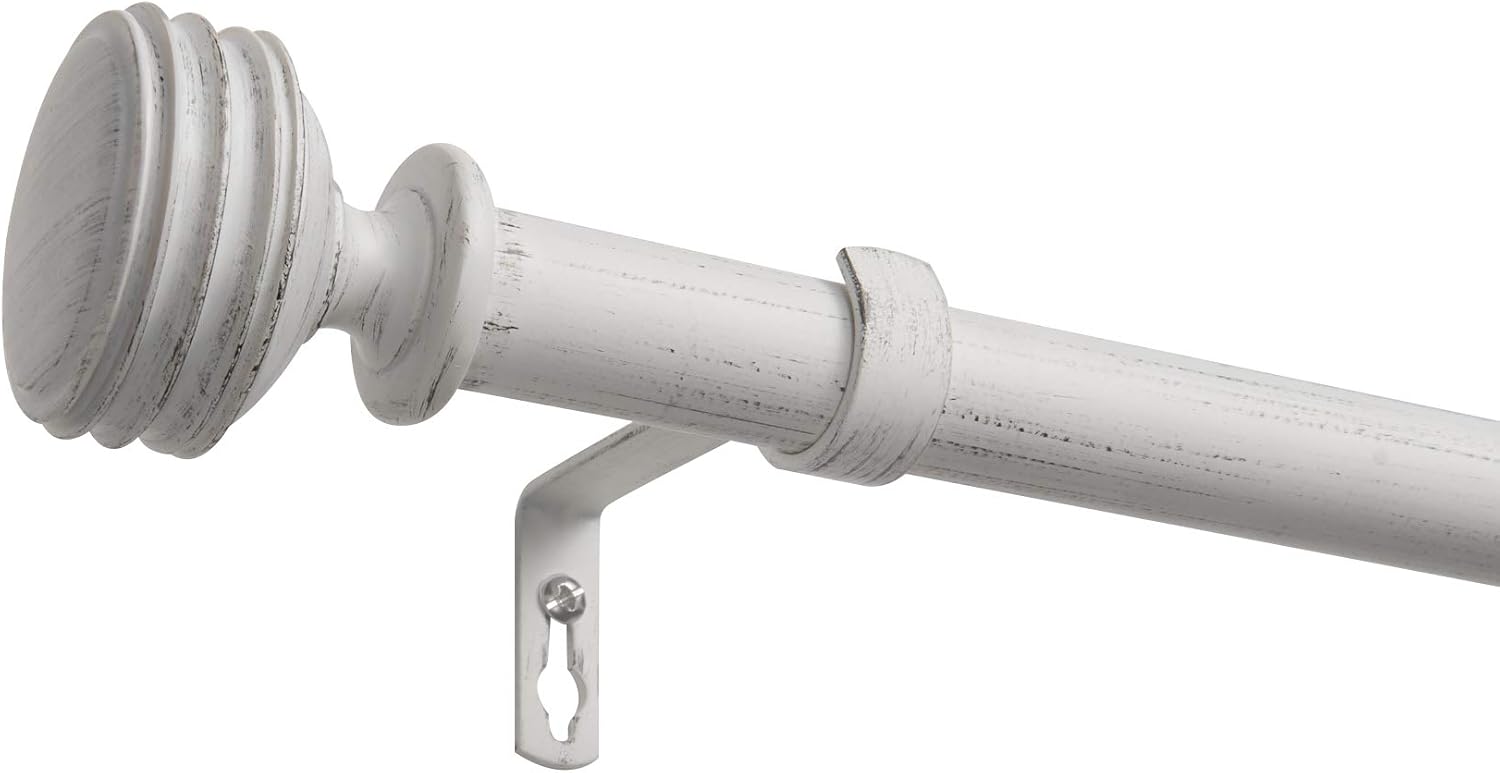 EXCLUSIVE HOME Duke 1" Curtain Rod and Coordinating Finial Set, Distressed White, Adjustable 36"-72"