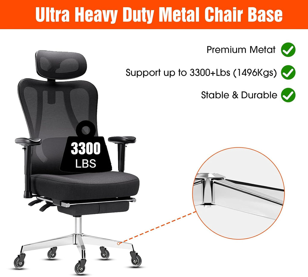 Office Chair Base Replacement (3300 lbs) - Heavy Duty Alloy Office Chair Base Replacement, Reinforced Metal Legs, Universal Cylinder and Caster Sockets(Silver)