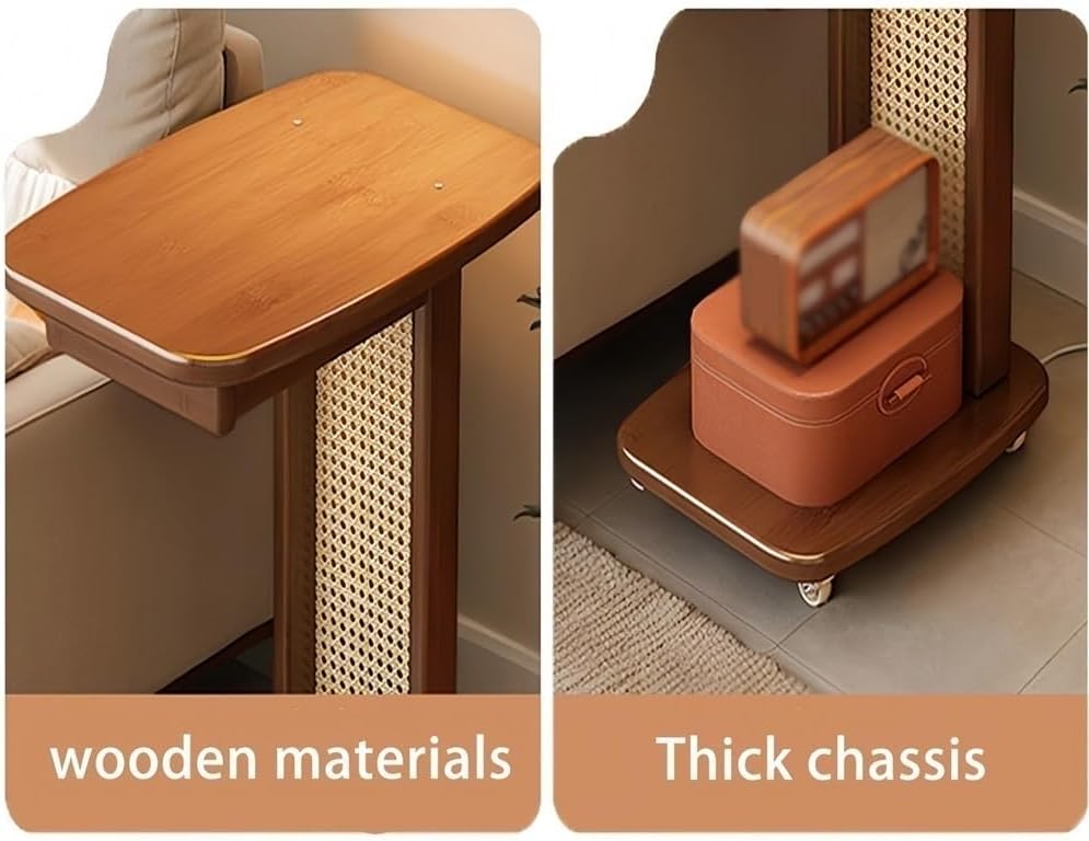 Narrow C-Shaped Side Table, Movable End Tables with Wheels, Wooden C Table with Storage for Living Room, Bedroom and Office(Brown,19.29in)