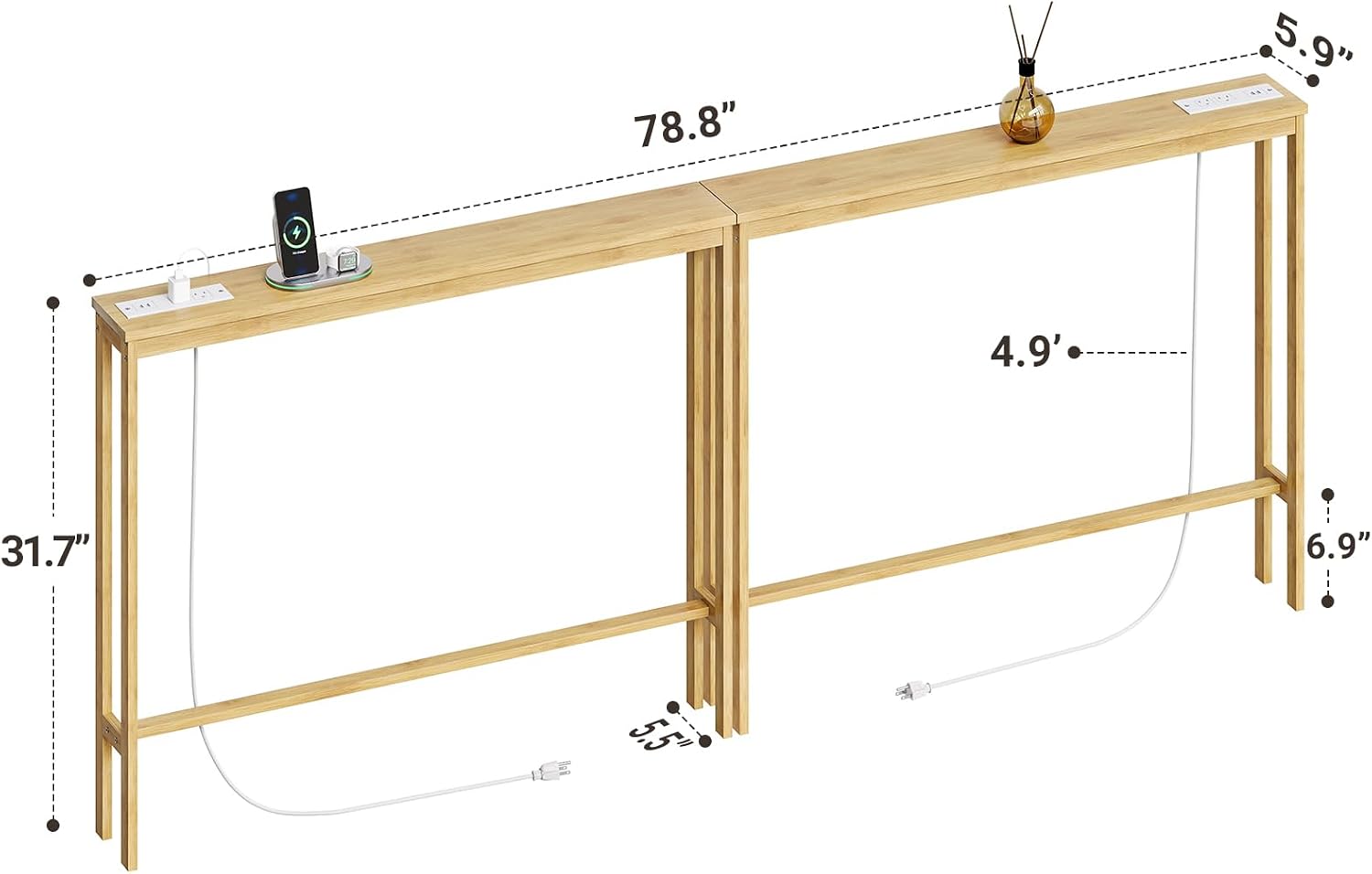ELYKEN Bamboo Narrow Console Table with Charging Station, 2 Pack Slim Sofa Table Behind Couch, Entryway Table with Outlets for Living Room, Hallway, 5.9 x 39.4 x 31.1in, Natural