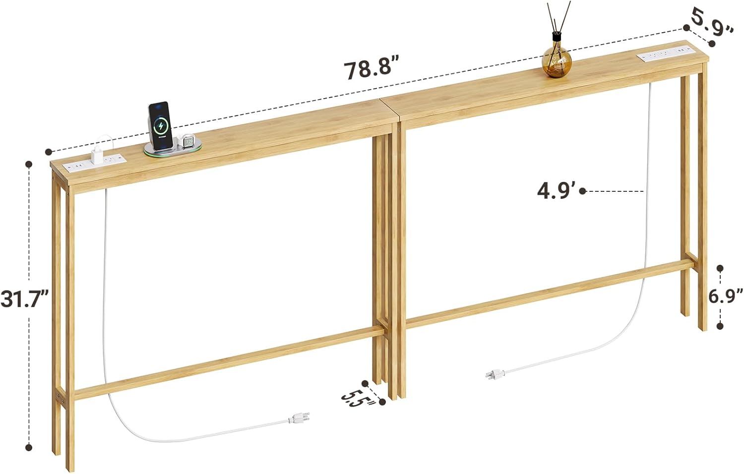 ELYKEN Bamboo Narrow Console Table with Charging Station, 2 Pack Slim Sofa Table Behind Couch, Entryway Table with Outlets for Living Room, Hallway, 5.9 x 39.4 x 31.1in, Natural