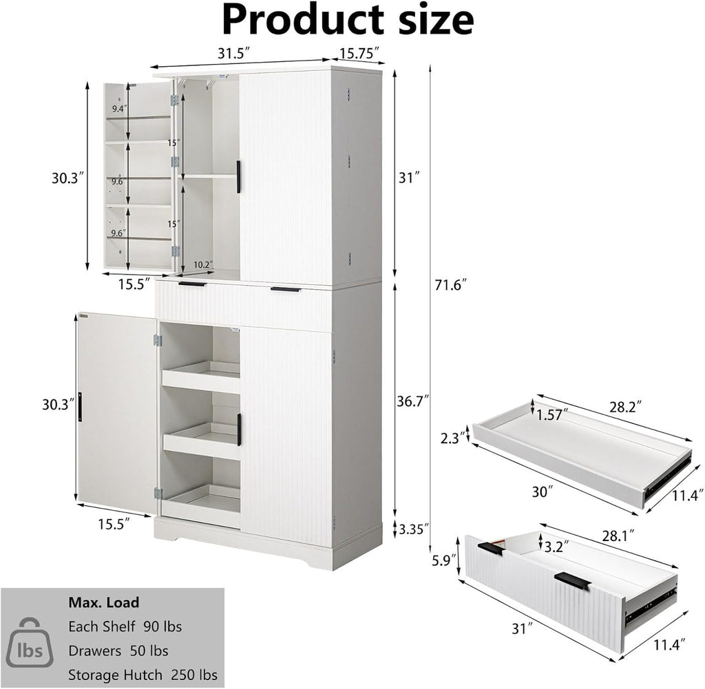 72" Kitchen Pantry Cabinet with 6 Door Shelves & 3 Keyboard Drawers, Freestanding Storage Cabinet with Adjustable Spice Racks, Large Capacity Cupboard for Dining Room