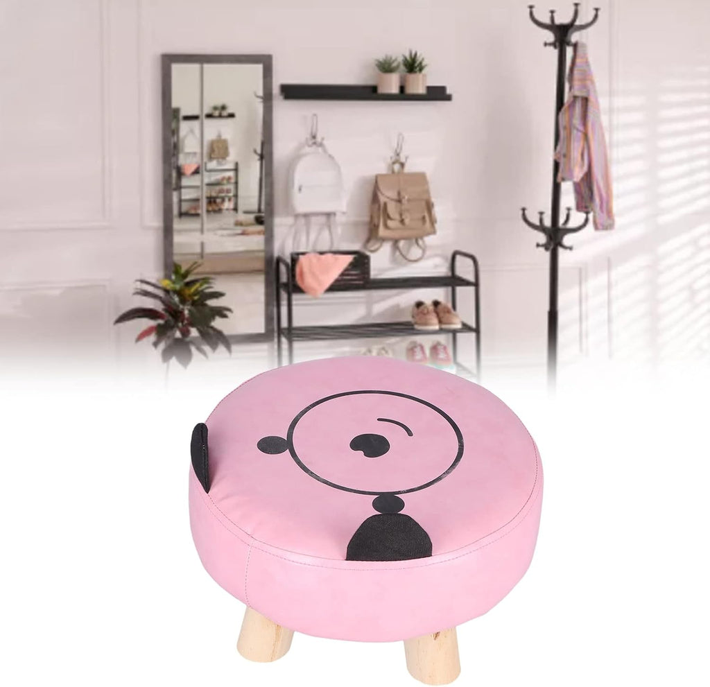 Small Under Desk Footrest Ottoman, Cute Cartoon Step Stool with 4 Stable Log Legs for Kids and Adults, Compact PU Leather Footstool for Home Office Dorm
