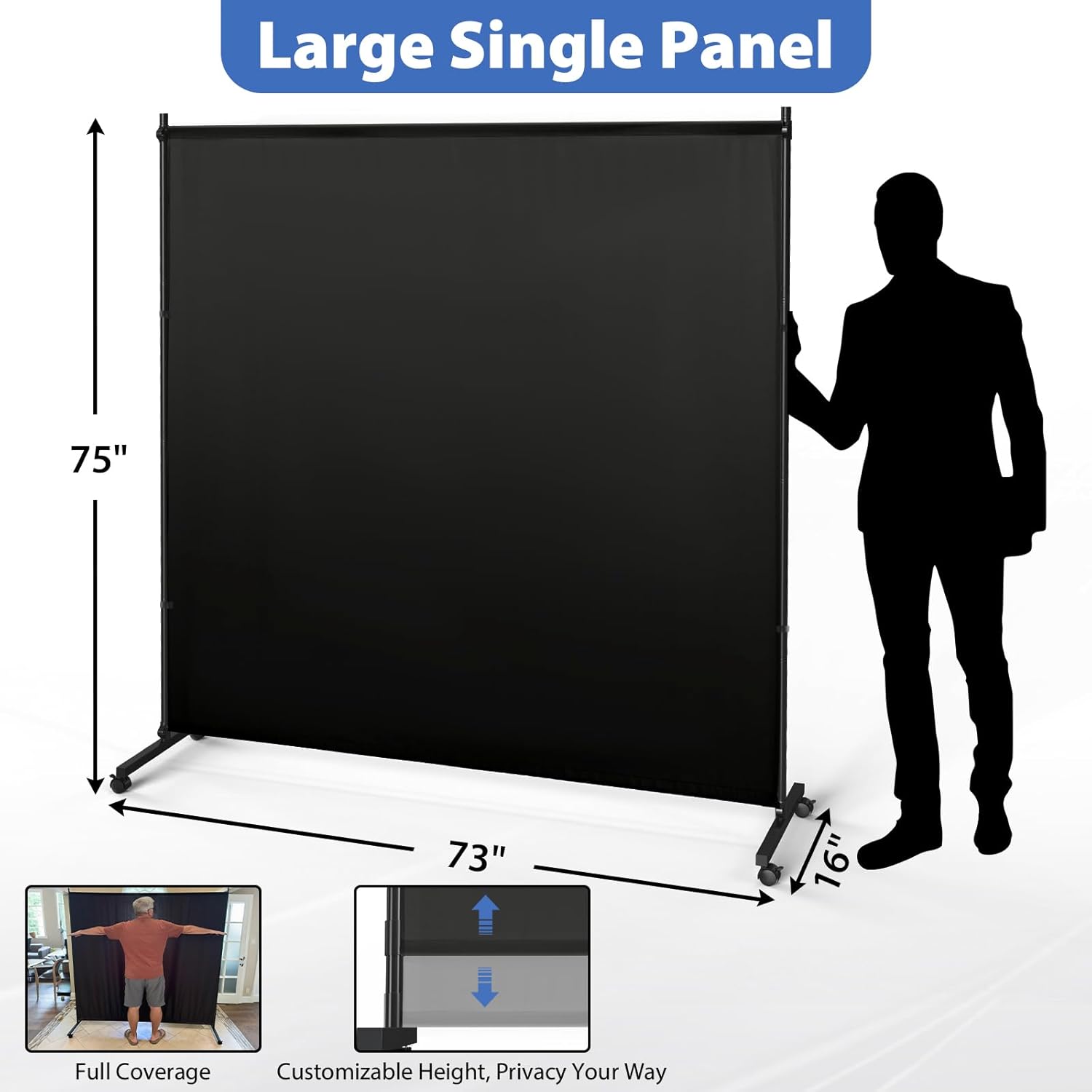 Large Single Panel Room Divider, 73" x 75" Freestanding Privacy Screen with Wheels, Thickened Fabric Partition Wall for Room Separation, Portable Room Separator for Indoor Office, Bedroom,Patio