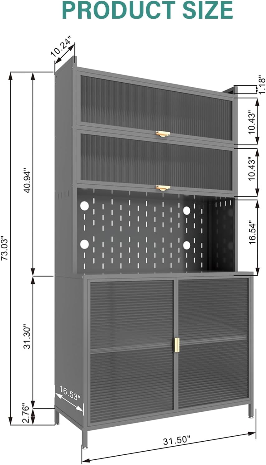 73" Tall Kitchen Pantry Cabinet, 6-Level Metal Storage with Flip Door, Pegboard, Microwave Shelf & Anti-Tip Design for Kitchen, Dining Room, Living Room,Grey