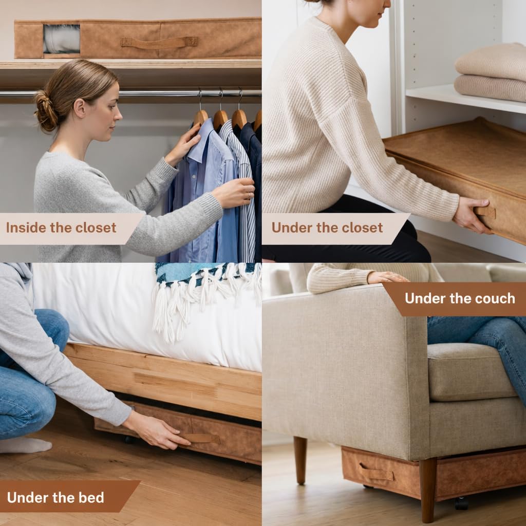 Premium Under Bed Storage with Wheels, Low Profile Rolling Storage Box in Vegan Leather with Metal Frame, Pull-Out Underbed Organizer for Bedroom or Closet, Housewarming or Wedding Gift