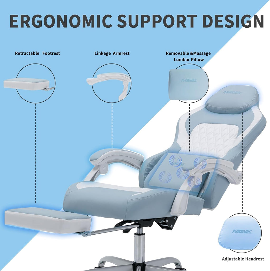 Computer Chair Gaming Ergonomic High Back Office Chairs for Adults Massage Lumbar Comfortable Leather Adjustable Swivel PC Video Game Gamingchair with Footrest