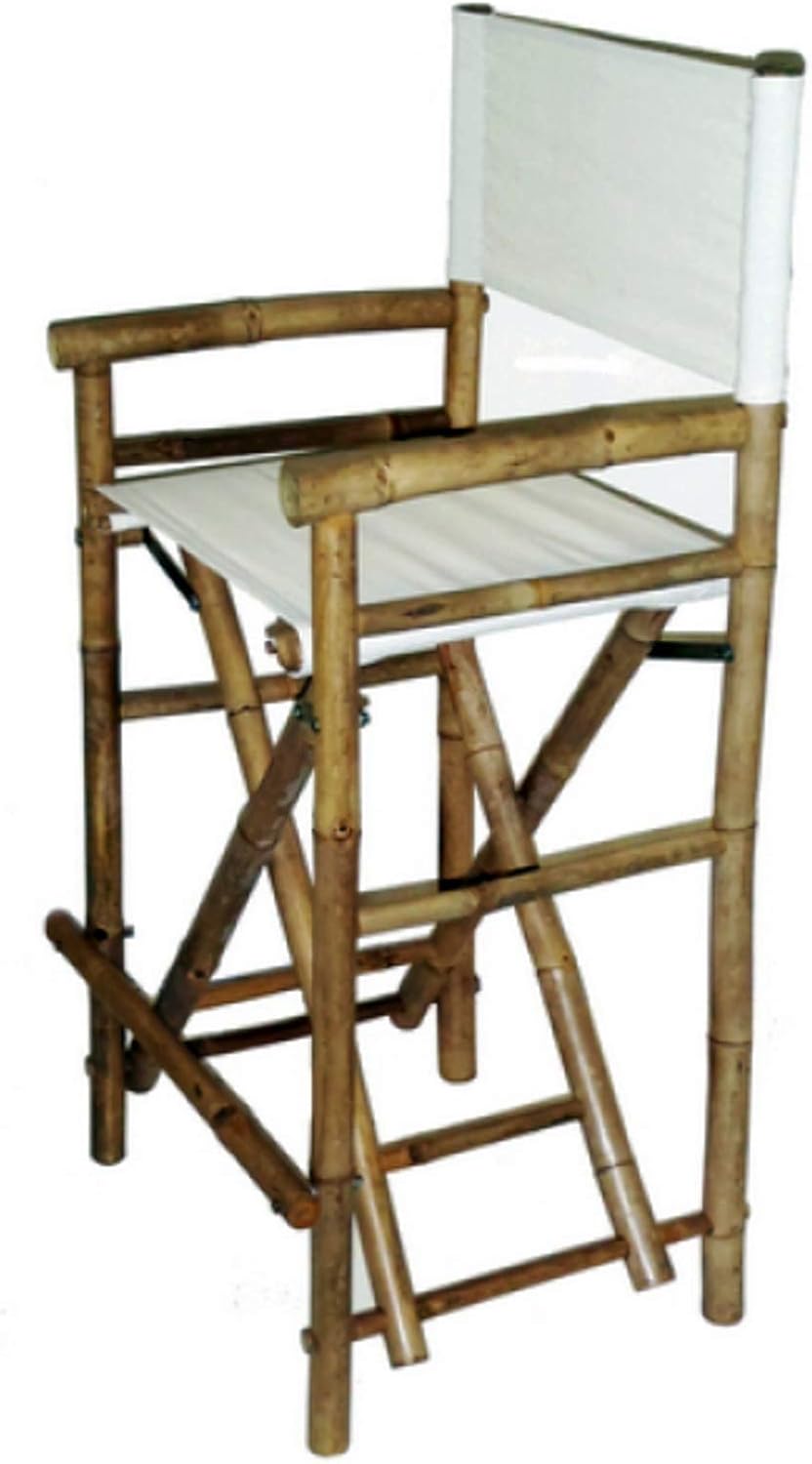 Tall Bamboo Director Chair for bar counter, White Canvas, Set of 2