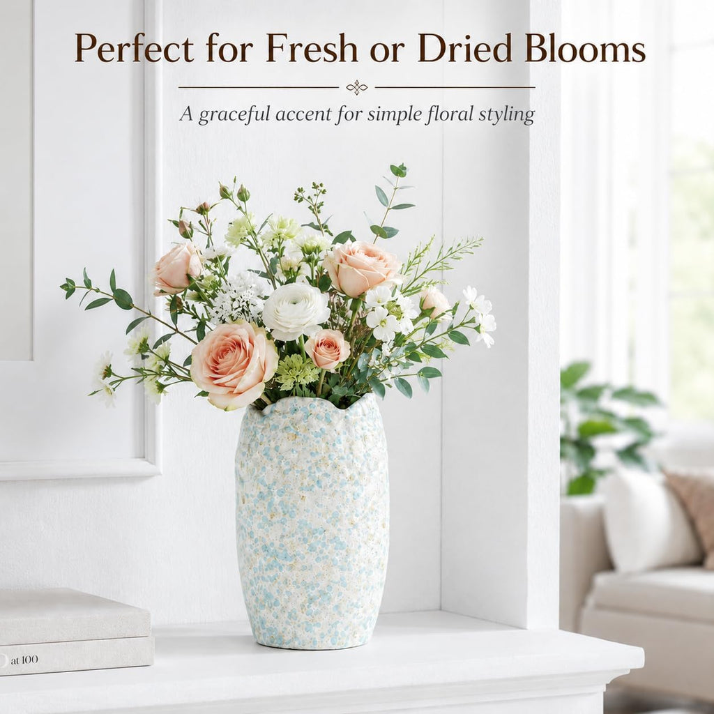 BEAHOT Ceramic Vases Set of 3 – 6.7-inch Handmade Blue & White Pottery Trio with Speckled Glaze – Decorative Flower Vases Home Decor for Table Mantel Entryway Shelf Living Room Kitchen Bathroom