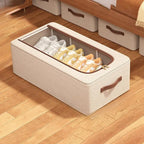 Under Bed Shoe Storage Organizer Foldable Shoe Rack Holder with Sturdy Handles Clear Window Multi Purpose Storage Small Space Organization (Beige M)