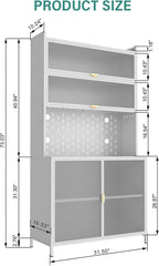 73" Tall Pantry Cabinet with Flip Door & Pegboard – 6-Tier Metal Storage Cabinet, Anti-Tip Design Freestanding Hutch for Kitchen, Dining & Living Room Organizer (White)