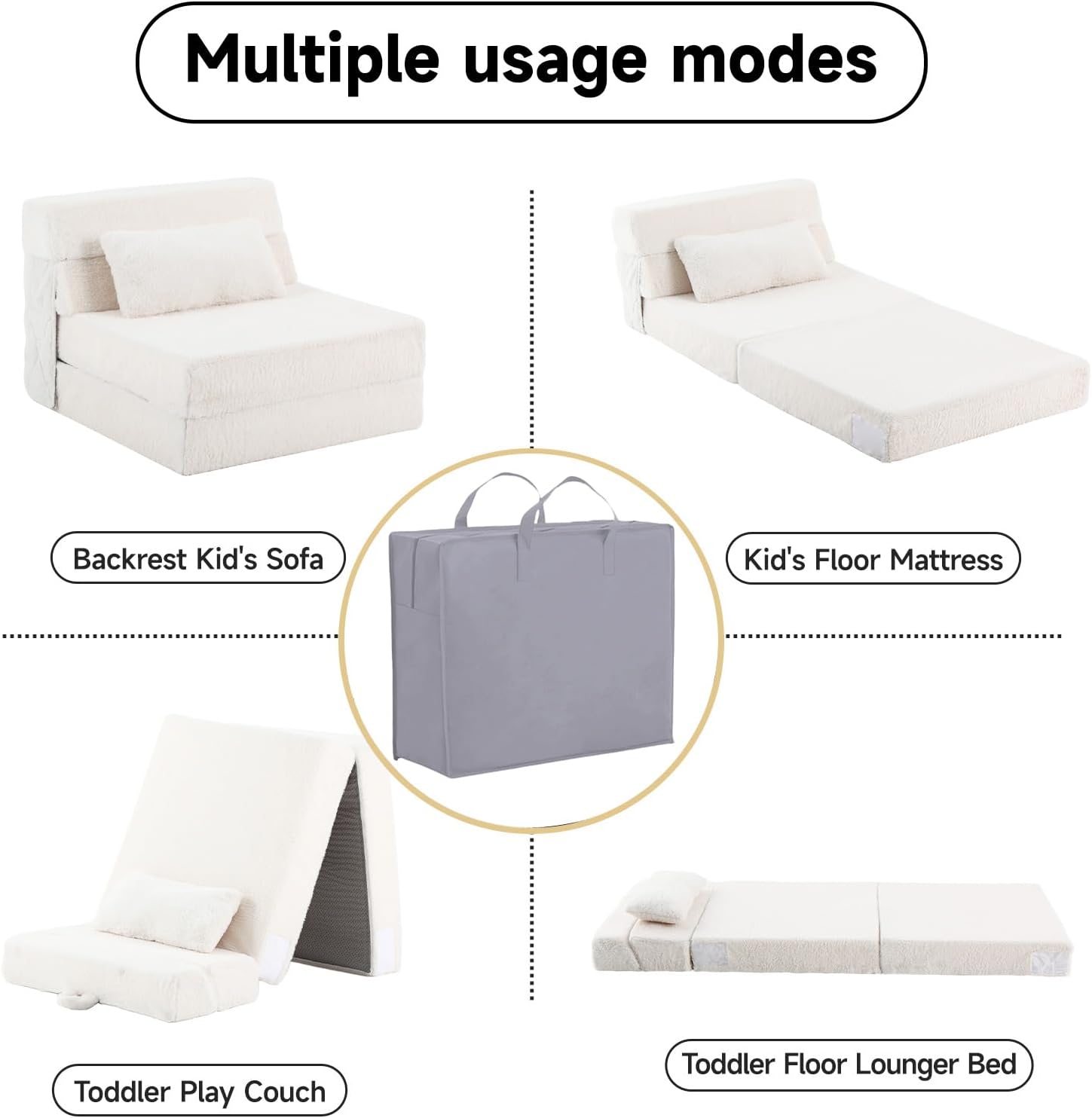 Tiita Convertible Folding Kids Sofa Bed with Pillow & Storage Bag, Plush Fabric Floor Mattress Couch Bed, Washable Cover, Kids Room, Playroom, Dorm, Apartment, Beige