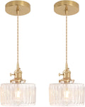 Shenmoyl Pendant Light 2 Pack with Clear Striped Glass Lmapshade, Brass Vintage Pendant Light Adjustable Hanging Light for Kitchen Island Dining Room Hallway