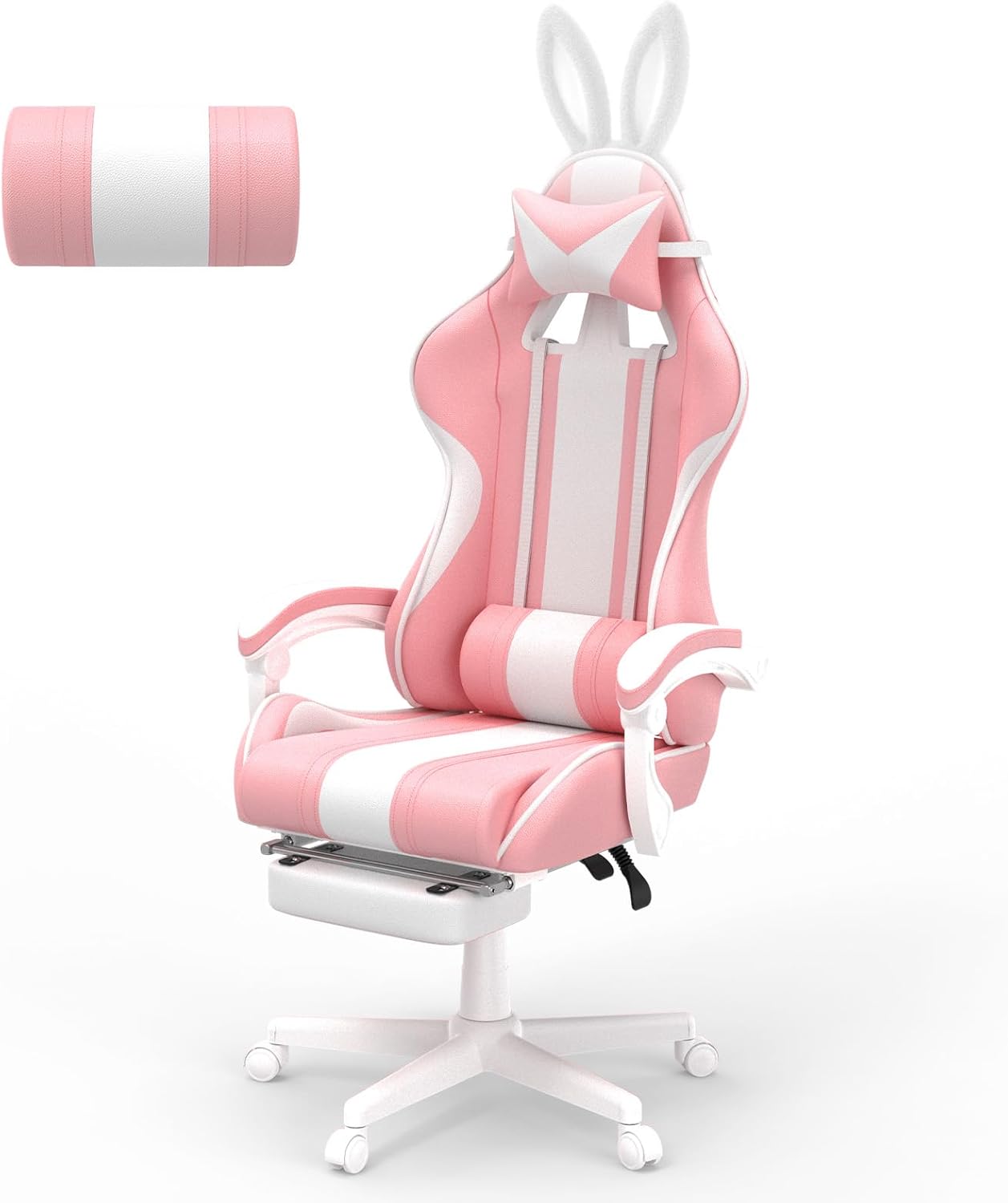 Ferghana Kawaii Bunny Ears Gaming Chair, Cute Gamer Chair with Footrest and Massage, Leather Ergonomic Computer Game Chair for Girls Adults Teens Kids Pink
