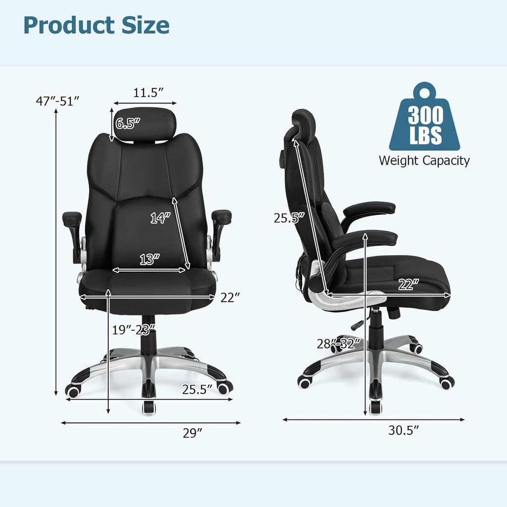 COSTWAY Executive 3D Massage Office Chair, Faux Leather Computer Desk Chair w/Adjustable Headrest & Lumbar Support, High Back Home Office Chair with Flip-up Armrests, Remote Control, Black