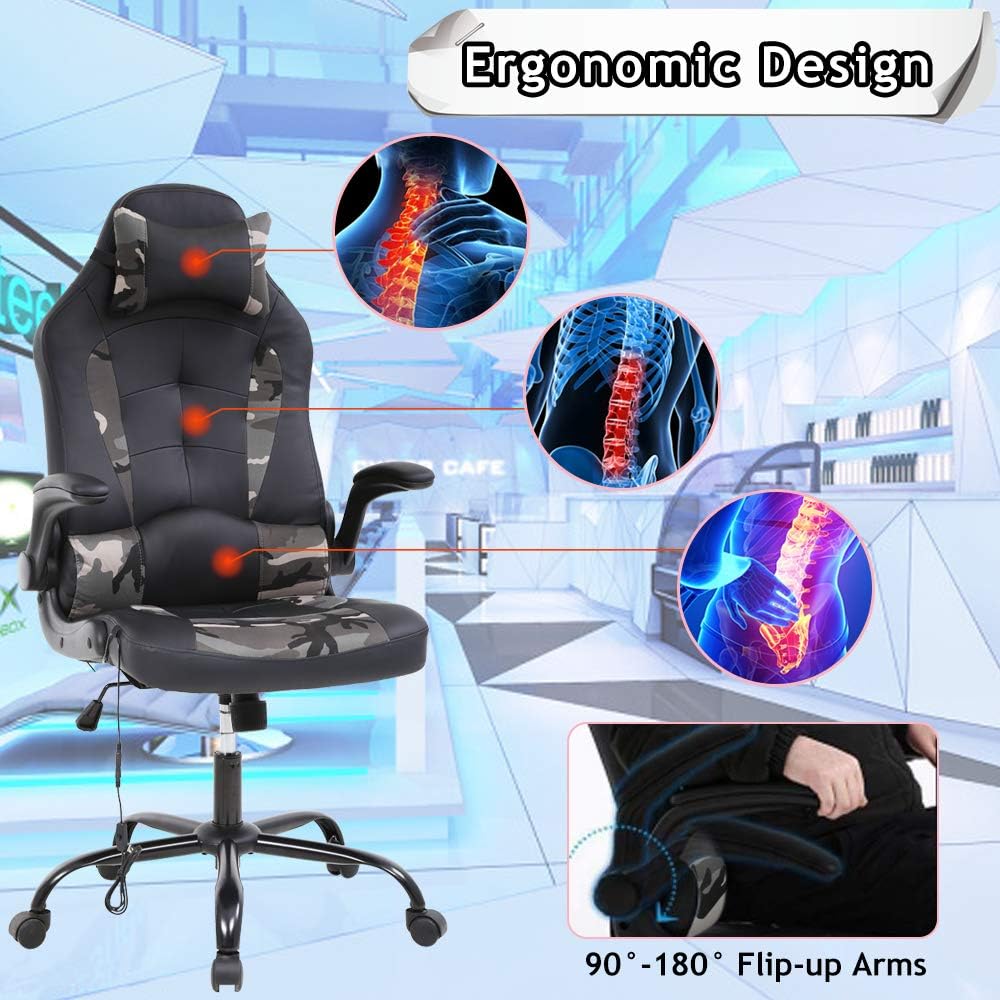 Ergonomic Gaming Office Chair - High Back Executive Computer Chair with Lumbar Support & Flip-Up Arms, PU Leather Adjustable Swivel Chair for Women/Men, Height Adjustable Massage Desk Chair (Camo)
