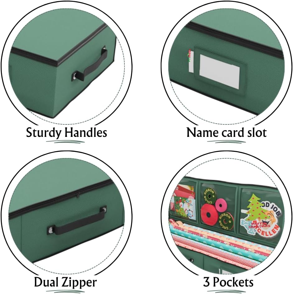 Primode Wrapping Paper Storage Container | Gift Wrap Organizer Under Bed | 41”x14”x6” | Box Holder for 18-24 Rolls Up to 40” | 600D Oxford Material | Pockets for Ribbon, Bows, and Accessories (Green)