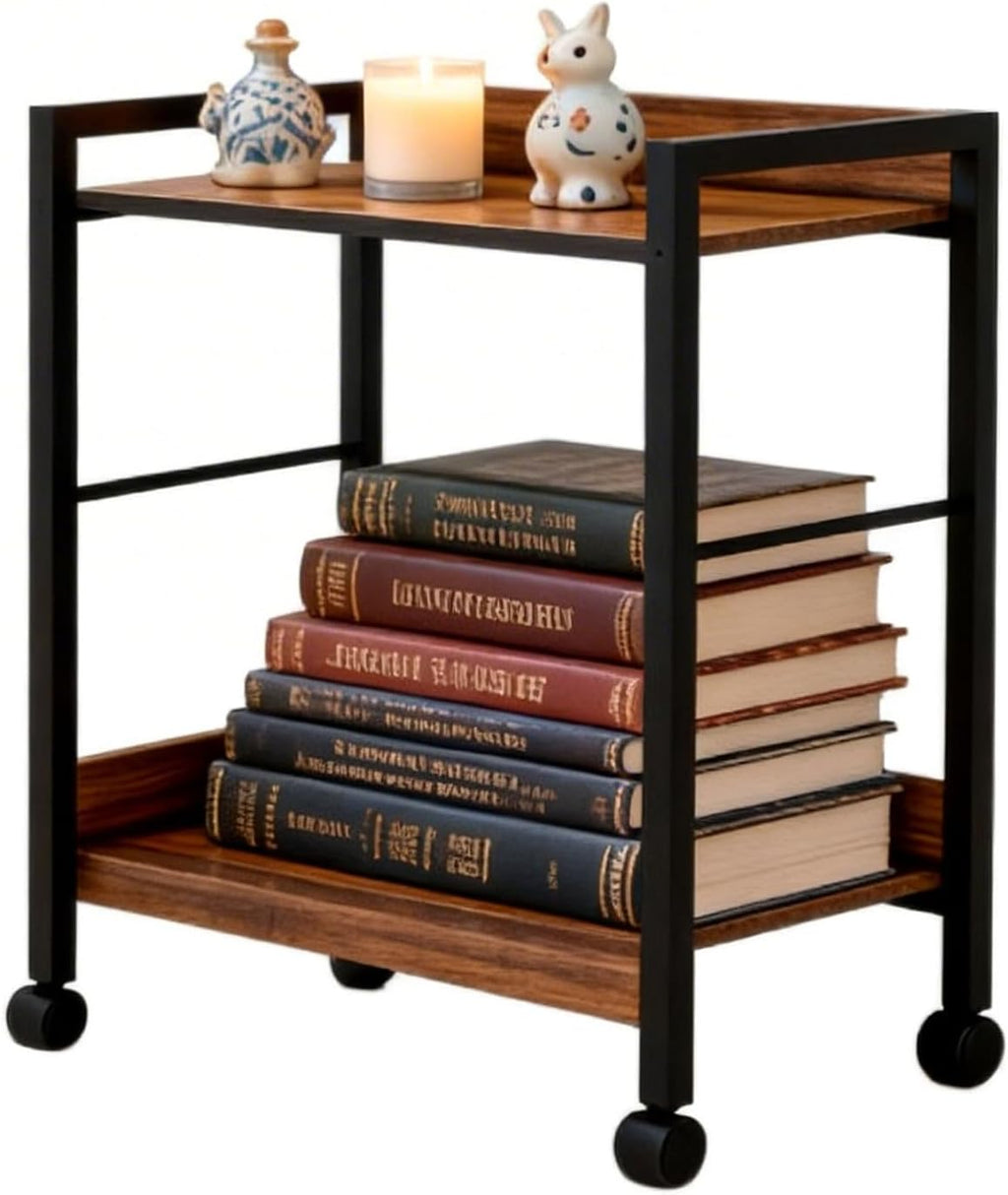 Rolling Side Table & Nightstand, 2-Tier Industrial End Table with Wood Shelves on Wheels, Mobile Sofa Table, Rustic Walnut Small Storage Cart for Living Room, Bedroom, Office.Brown