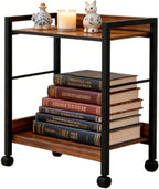Rolling Side Table & Nightstand, 2-Tier Industrial End Table with Wood Shelves on Wheels, Mobile Sofa Table, Rustic Walnut Small Storage Cart for Living Room, Bedroom, Office.Brown